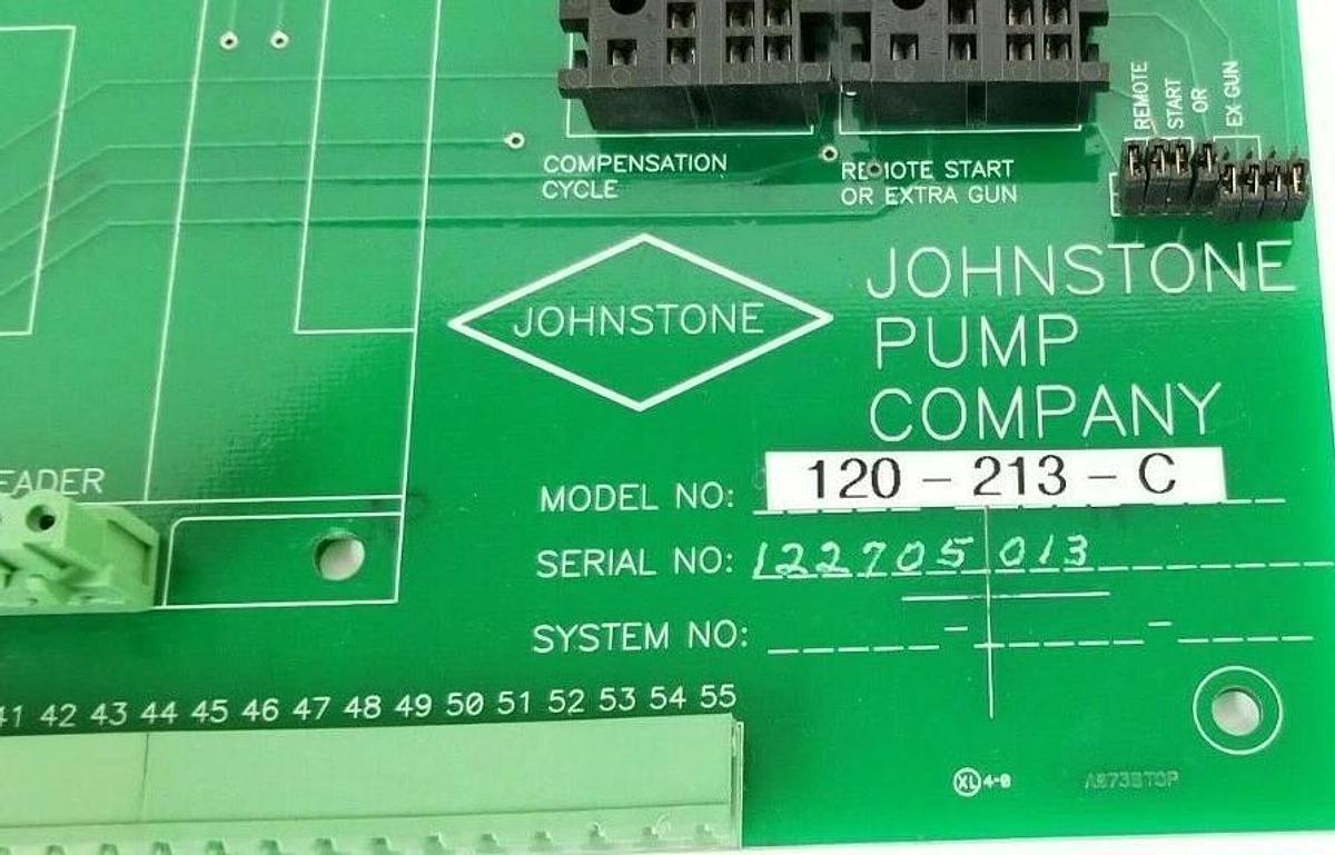 Used JOHNSTONE PUMP CO. 120-213-C CONTROL BOARD W/O RELAYS A073B 120213C