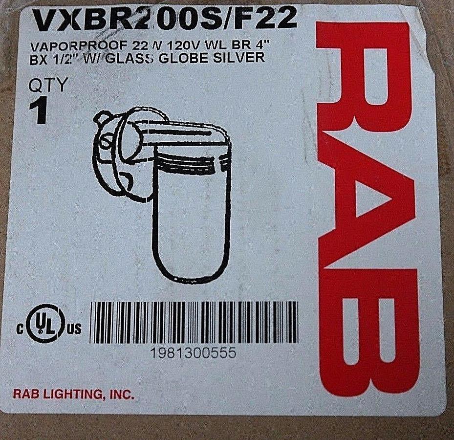 NIB RAB LIGHTING VXBR200S/F22 VAPORPROOF LIGHT FIXTURE 22W 120V WL BR 4" BX 1/2"