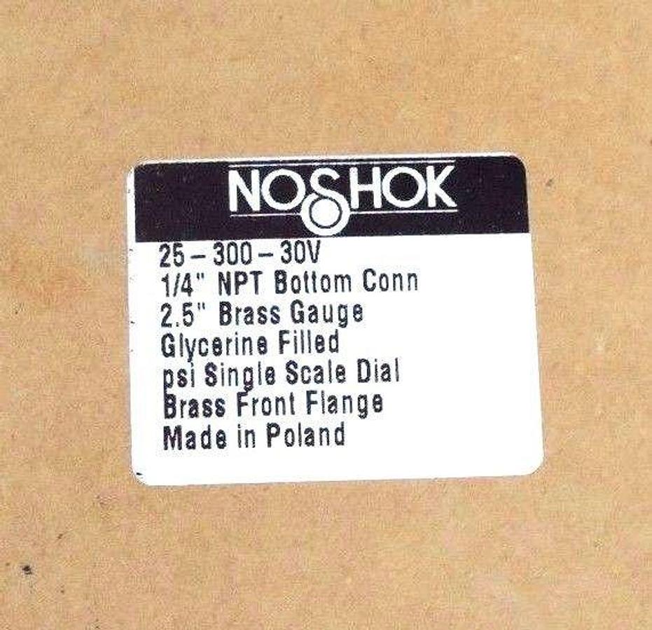 Used NIB NOSHOK 25-300-30V 2.5'' BRASS GAUGE 1/4'' NPT BOTTOM CONN., 2530030V