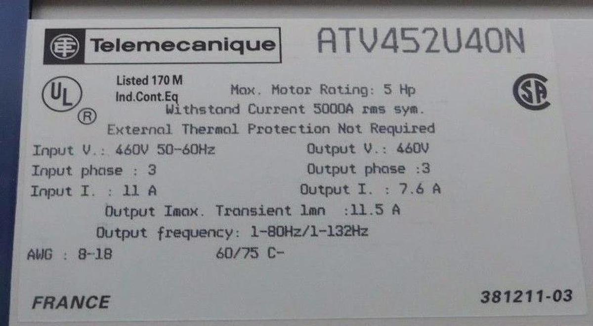 NIB TELEMECANIQUE ATV452U40N ALTIVAR 5 DRIVE INVERTER SERIE 45 2 5HP 460V 11A
