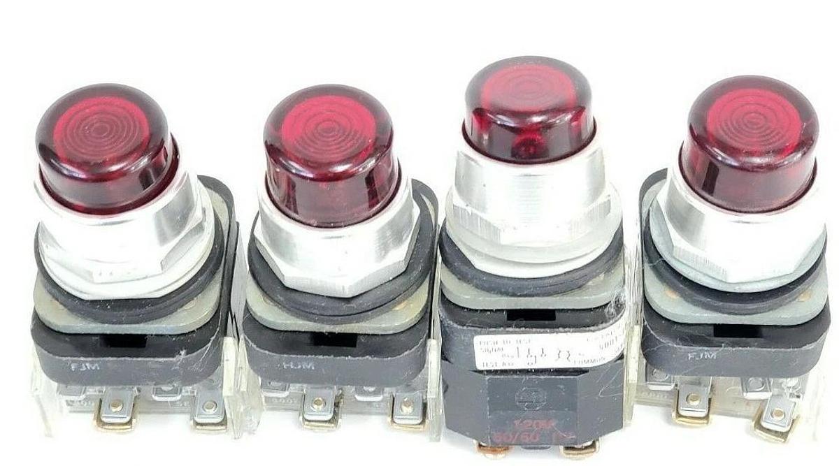 Used (4) ALLEN BRADLEY 800T-PT16 PUSHBUTTONS RED SER. N W/ 120V COIL & 800T-XA SER. C