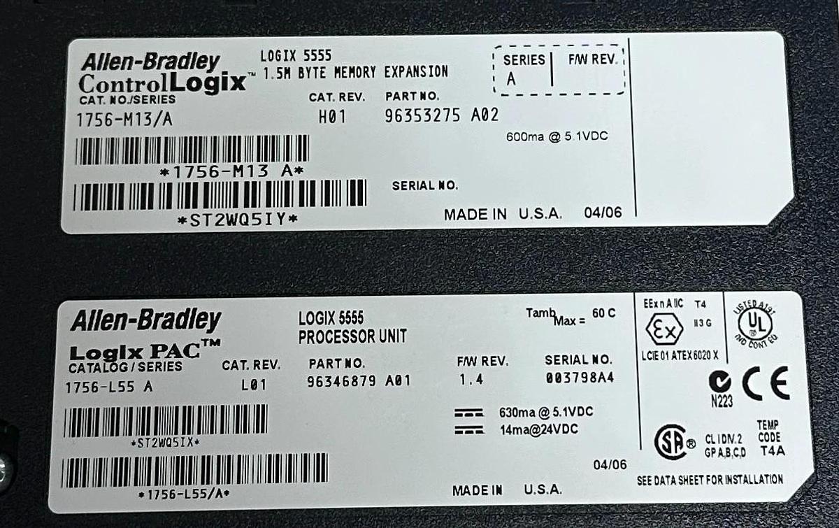 Used ALLEN BRADLEY 1756-L55 /A ControlLogix PROCESSOR W/ 1756-M13 /A MEMORY 1.5M USNP