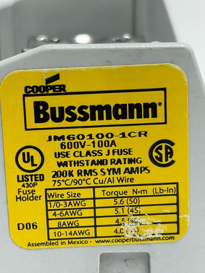 Used Cooper Bussmann JM60100-1CR 100 Amp 600V Single Pole Fuse Holder - New