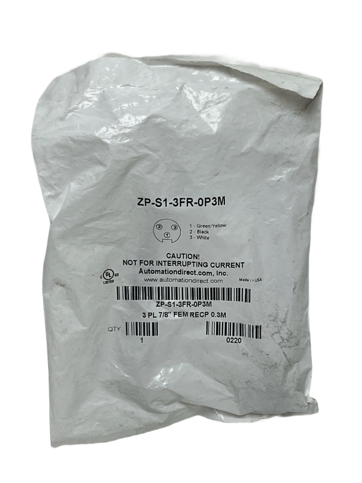 AutomationDirect ZP-S1-3FR-0P3M Female Receptacle 3-Pole 7/8" 0.3M Leads NSFS