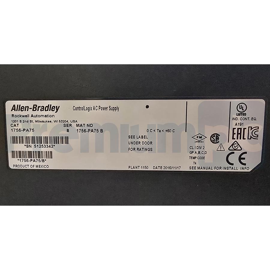 Used Allen Bradley 1756-PA75 /B ControlLogix AC Chassis Power Supply 85-265V 75W NSMP