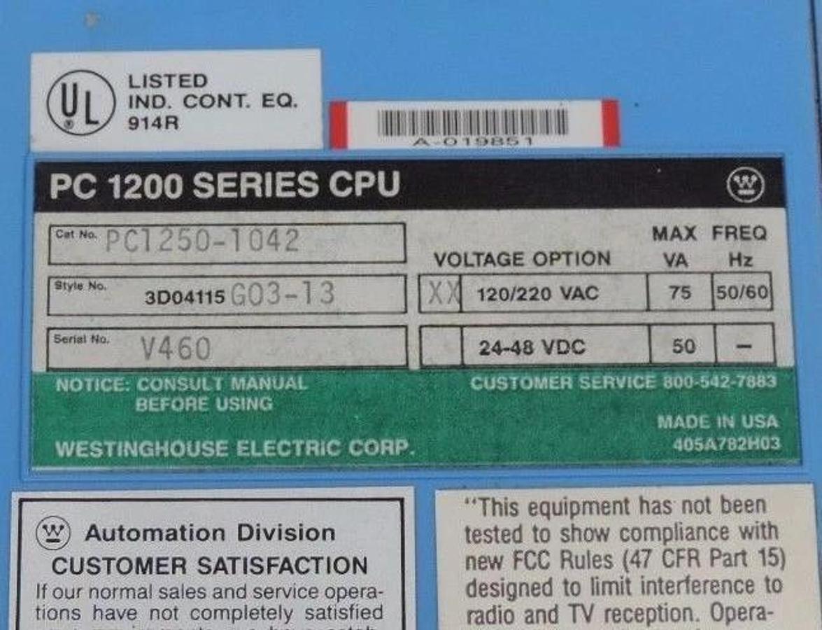 Refurbished REPAIRED WESTINGHOUSE PC1250-1042 PC 1200 SERIES CPU MODULE 3D04115 G03-13