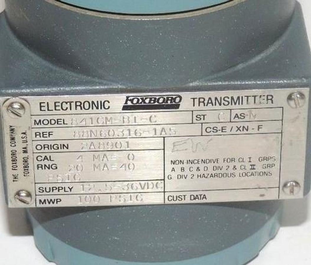 Used FOXBORO MODEL 841GM-BI-C TRANSMITTER REF. 88N60316-1A5 ORIGIN 2A8901, 12.5-36VDC