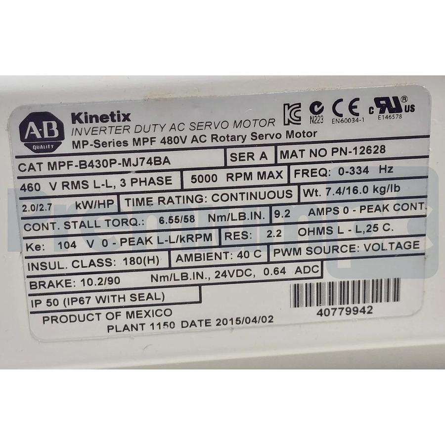 Allen Bradley MPF-B430P-MJ74BA /A MPF Food Grade Servo Motor 460V w/Brake NSMP 820919985225