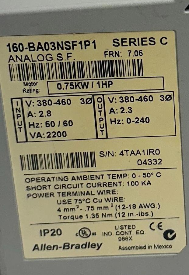 Used ALLEN BRADLEY 160-BA03NSF1P1 /C VARIABLE SPEED DRIVE SSC SERIES .75kW/1HP USNP