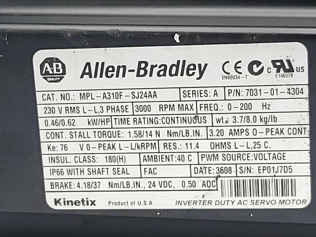 Used ALLEN BRADLEY MPL-A310F-SJ24AA SERVO MOTOR SER. A P/N: 7031-01-4304, 3000 RPM