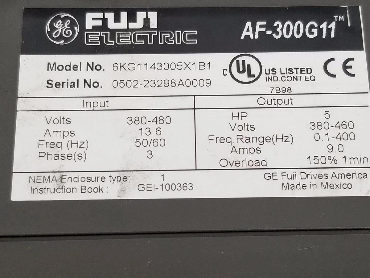 Used FUJI ELECTRIC 6KG1143005X1B1 INVERTER DRIVE 5HP, 13.6A 380/480VAC AF-300G11