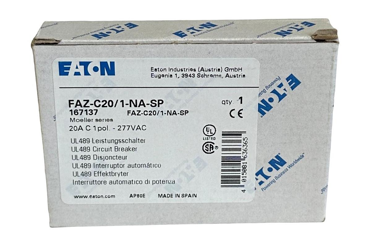 Used NEW EATON FAZ-C20/1-NA-SP / 167137 MOELLER SERIES 20A CIRCUIT BREAKER 1P 277VAC