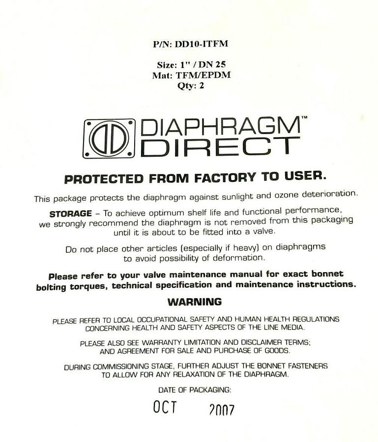 LOT OF 2 NEW DIAPHRAGM DIRECT P/N: DD10-ITFM SIZE: 1'' / DN 25 MAT: TFM/EPDM