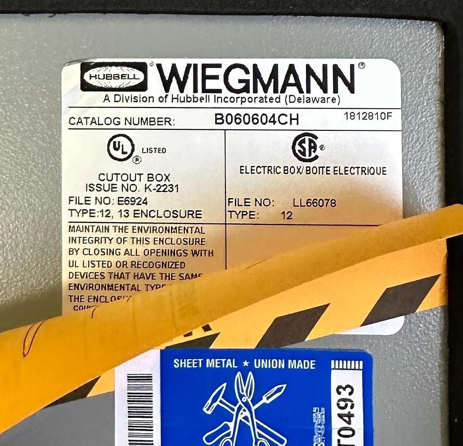 NEW HUBBELL WIEGMANN B060604CH ELECTRICAL ENCLOSURE CUTOUT BOX TYPE 12, 13