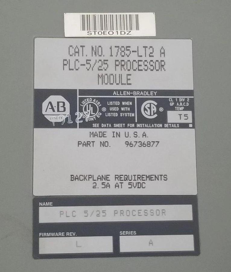 Used ALLEN BRADLEY 1785-LT2 PROCESSOR MODULE SER. A F/W REV. L 96736877 W/ TL-5104