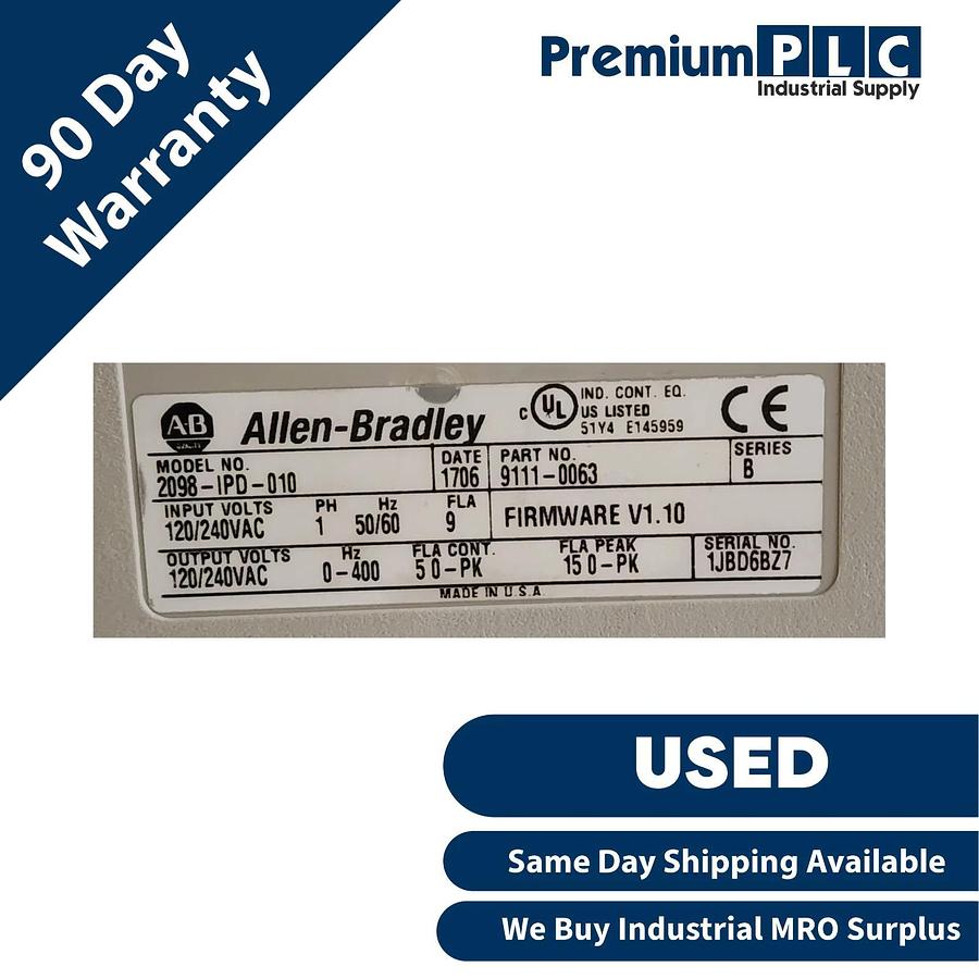 Used ALLEN BRADLEY 2098-IPD-010 /B Ultra 5000 SERVO DRIVE 1kW F/W V1.10 P/N 9111-0063
