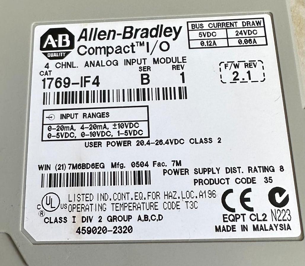 Used ALLEN BRADLEY 1769-IF4 /B Compact I/O 4-CHNL ANALOG INPUT MODULE FW. 2.1 1769IF4