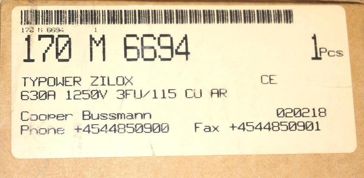Used NIB BUSSMANN 170-M-6694 FUSE 630A 1250V 3FU/115 CU AR, 170M6694