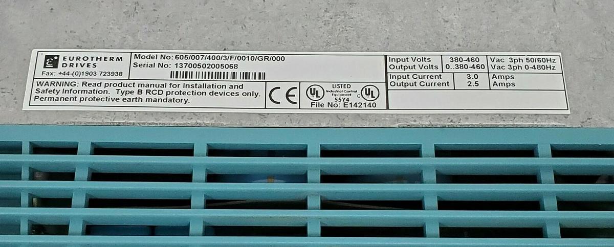 Used EUROTHERM DRIVES 605/007/400/3/F/0010/GR/000 INVERTER DRIVE 0-460VAC 2.5-3.0A