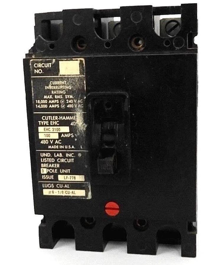 Used CUTLER HAMMER EHC3100 CIRCUIT BREAKER TYPE EHC, 100AMPS, 480V, 3P, LF-778