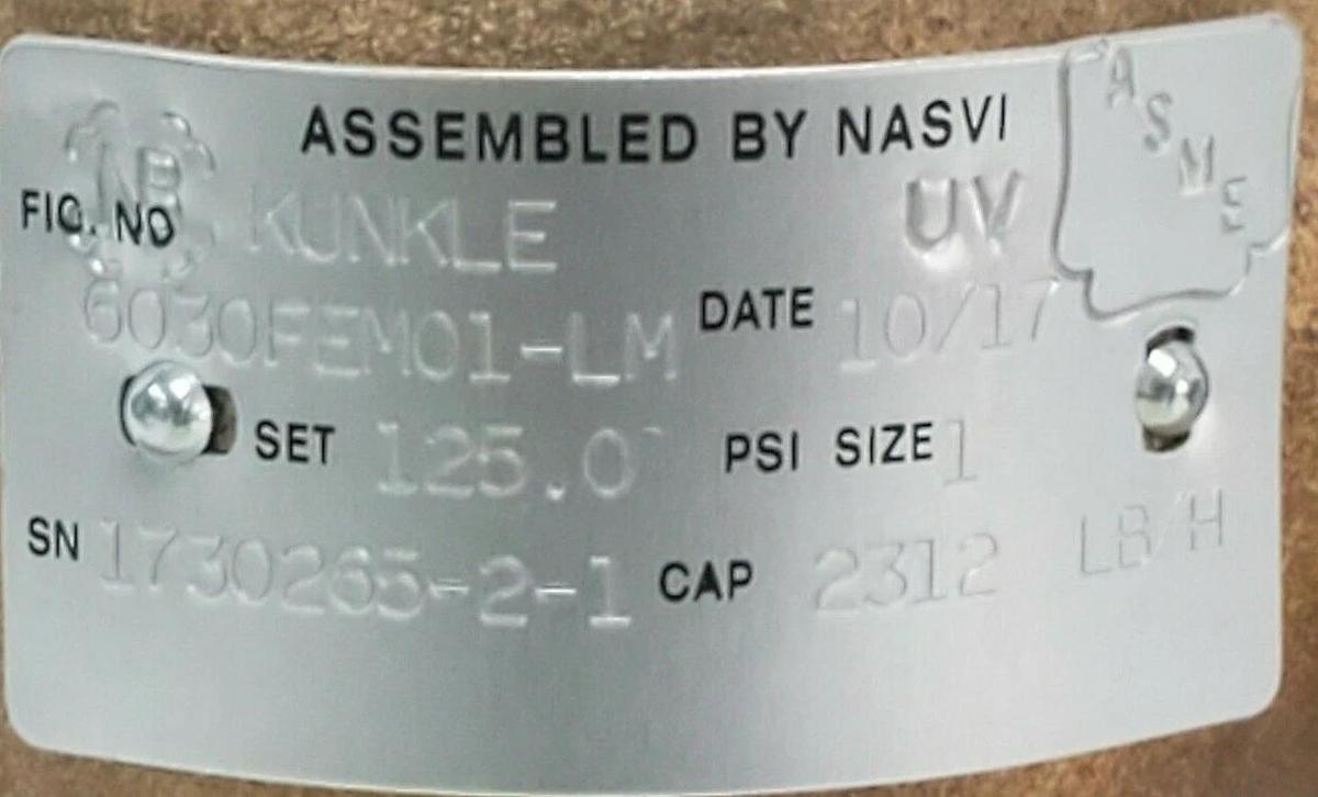 NIB KUNKLE 6030FEM01 RELIEF VALVE, 6030FEM01-LM, 6030FEM01-125, 125PSI, 1"