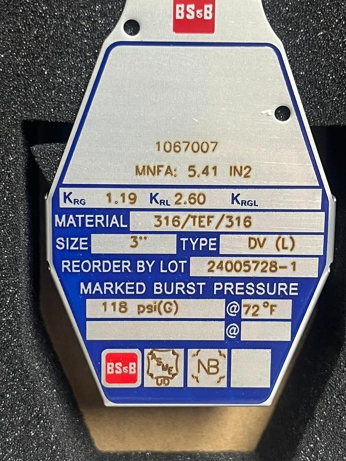Used BS&B 3" DV (L) Rupture Disk 118 psi(G) 316 Stainless Steel Teflon 1067007 NEW
