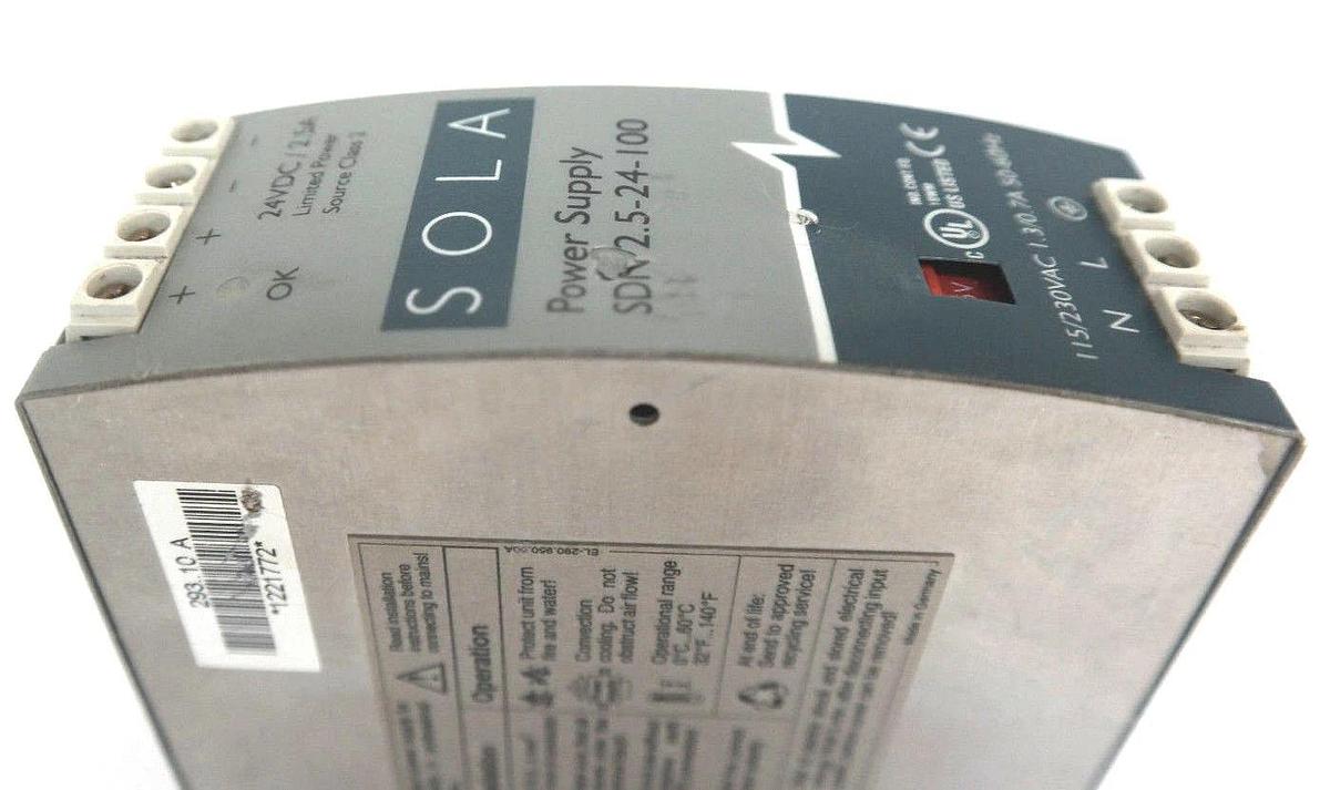 Used SOLA ELECTRIC SDN-2.5-24-100 POWER SUPPLY 24VDC 2.5AMP SDN2524100