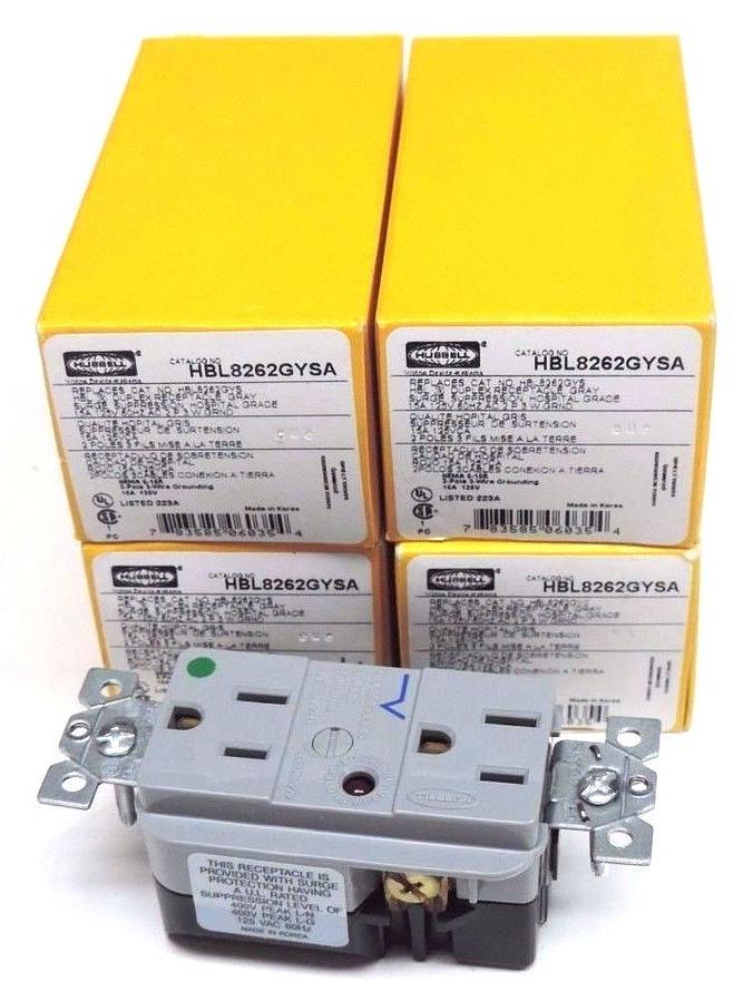 Used LOT OF 4 NIB HBL8262GYSA HUBBELL DUPLEX RECEPTACLE 15A, 125V, 60HZ AC, 2P 3W GND