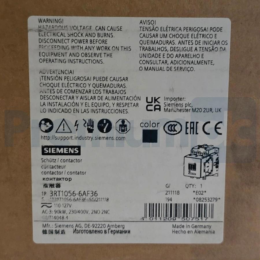Siemens 3RT1056-6AF36 SIRIUS Contactor 3-Pole 90kW 185A 110-127V AC/DC Size S6