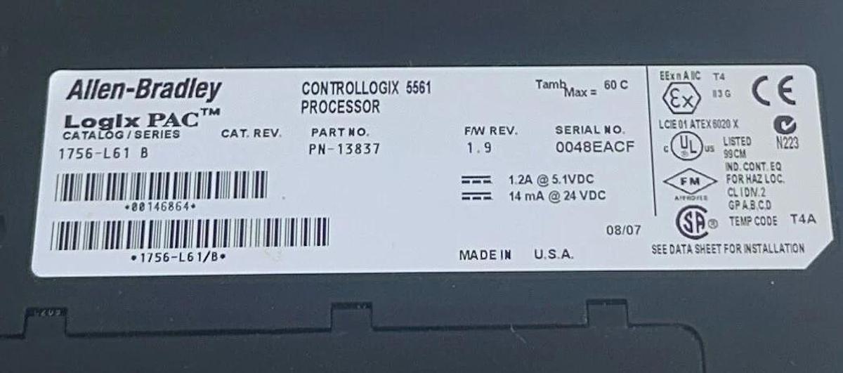 Used ALLEN BRADLEY 1756-L61 /B ControlLogix 5561 PROCESSOR LogixPAC PN-13837 USNP
