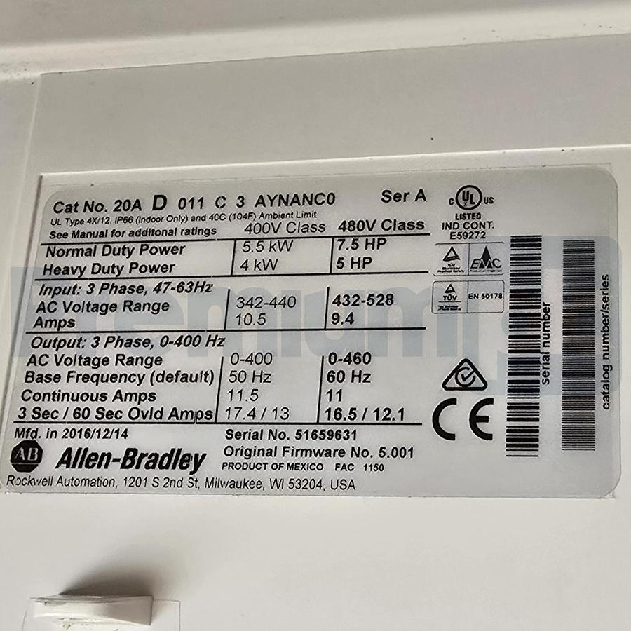 Allen Bradley 20AD011C3AYNANC0 /A PowerFlex 70 AC Drive 3Ph 480V 7.5HP (read)
