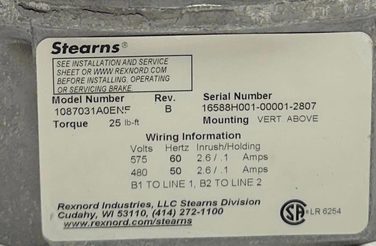 Used STEARNS 1087031A0ENF Rev. B BRAKE ASSEMBLY 25LB-FT VERTICAL MOUNT 480-575V USNP