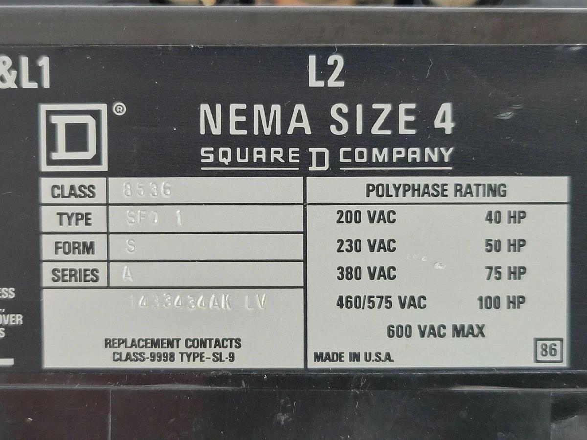 Used USED SQUARE D 8536-SF01S SER. A NEMA SIZE 4 CONTACTOR W/ 120V COIL 31091-400-38