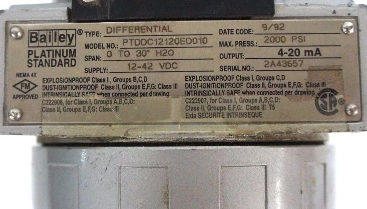 Used BAILEY PTDDC12120ED010 DIFFERENTIAL PRESSURE TRANSMITTER 12-42 VDC 2000PSI