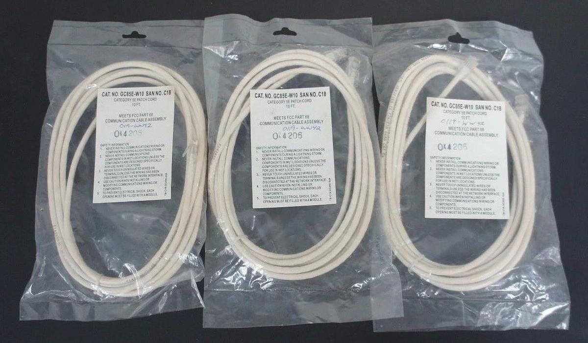Used LOT OF 3 NEW GENERIC GC85E-W10 CATEGORY 5E PATCH CORD 10FT GC85EW10