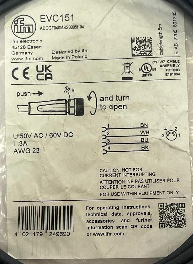 Lot of 2 ifm electronic EVC151 M12 Connection Cable 4-Pin 2m Black
