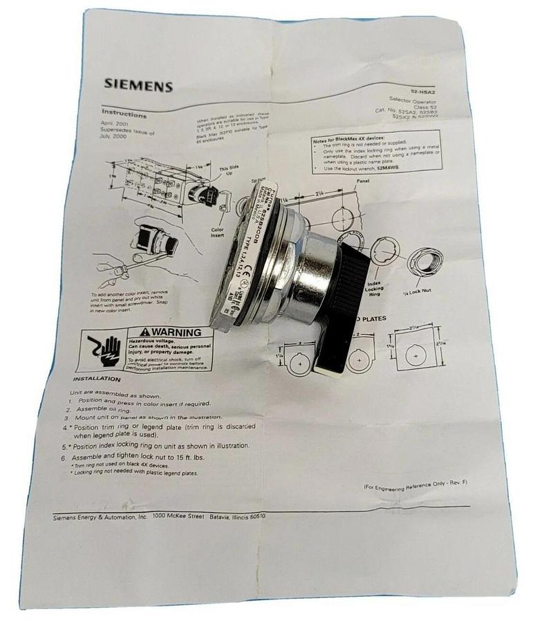 Used NIB FURNAS 52SB2CDB OIL TIGHT SELECTOR OPERATOR 3-POS. C CAM LONG LEVER