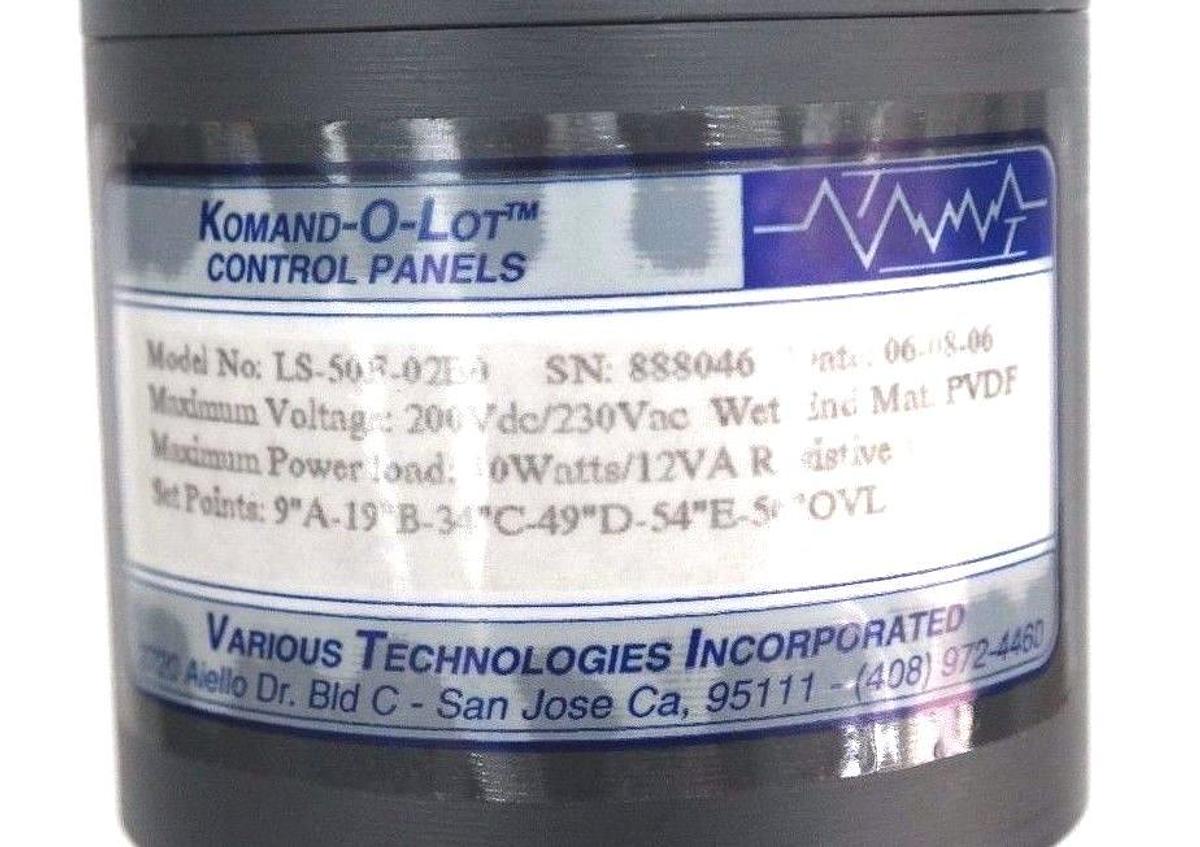 Used NIB VARIOUS TECHNOLOGIES KOMAND-O-LOT LS-50F-02E0 LEVEL SWITCH