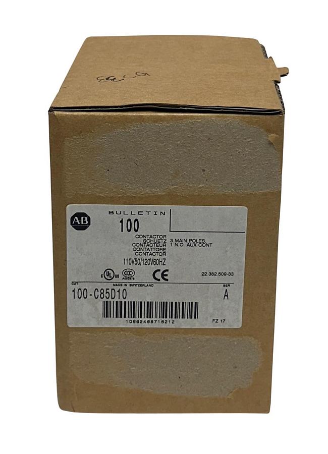 Used ALLEN BRADLEY 100-C85D10 /A BULLETIN 100 CONTACTOR 3-POLE 1NO AUX 110/120V NSMP