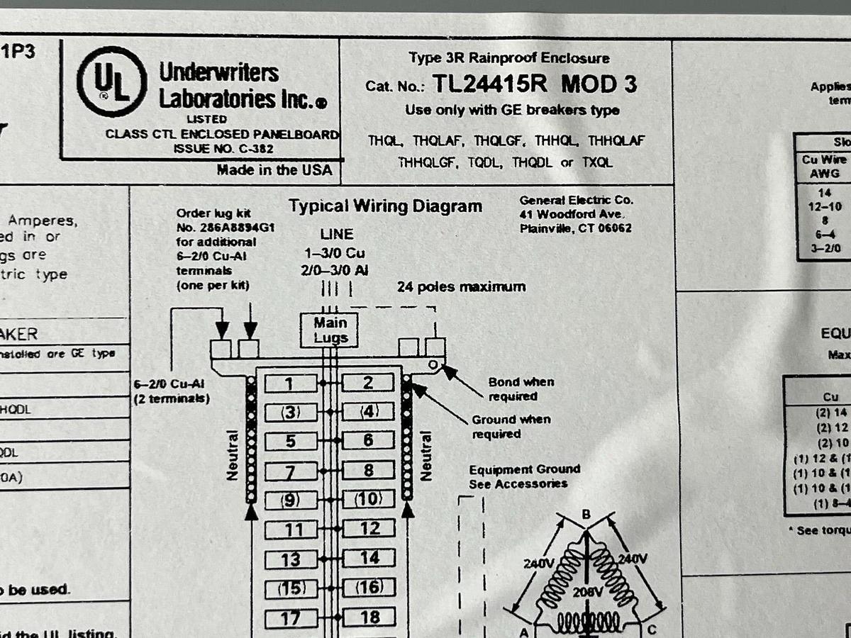 Used GE TL24415R MOD 3 Load Center 150A 3PH 24 Poles Type 3R Rainproof Panel New