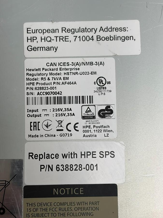 Used HPE AF464A 628823-001 R5000 R7000 3U Extended Runtime Module ERM