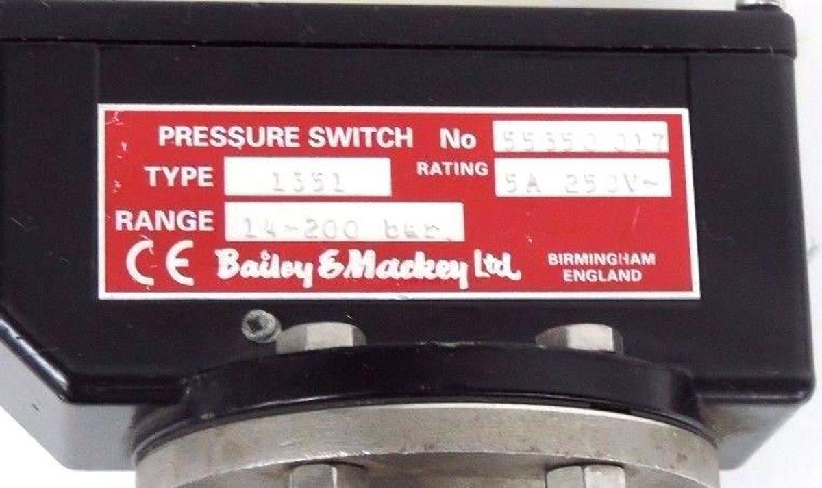 Used BAILEY & MACKEY TYPE 1351 PRESSURE SWITCH 55350, 5A, 250V, 14/200BAR