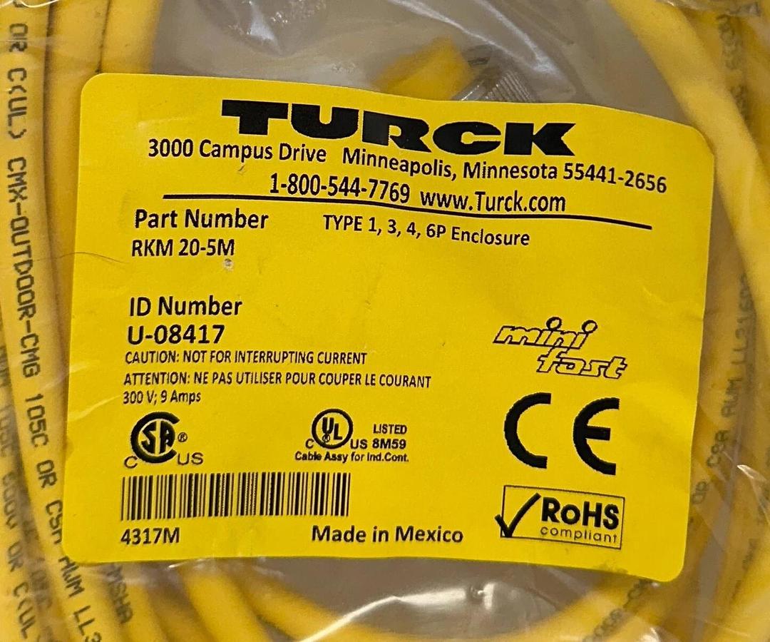Used 2 TURCK RKM 20-5M / U-08417 MINI FAST SINGLE-ENDED CORDSETS 5M NSFS