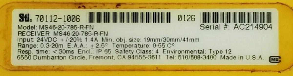 Used STI MS46-20-785-X 70111-1006 TRANSMITTER & MS46-20-785-R-FN 70112-1006 RECEIVER