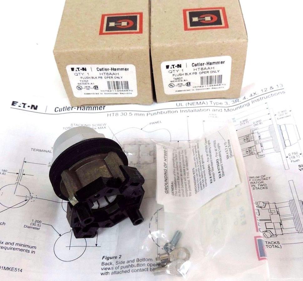 LOT OF 2 NIB CUTLER HAMMER HT8AAH FLUSH BLACK PUSHBUTTONS SER. A1 W/ HT8GR1