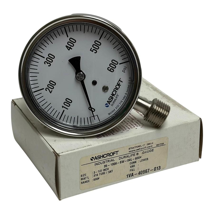 Used Ashcroft 35-1009-SW-04L-600# Duralife 3.5" Pressure Gauge 600 PSI 316SS New