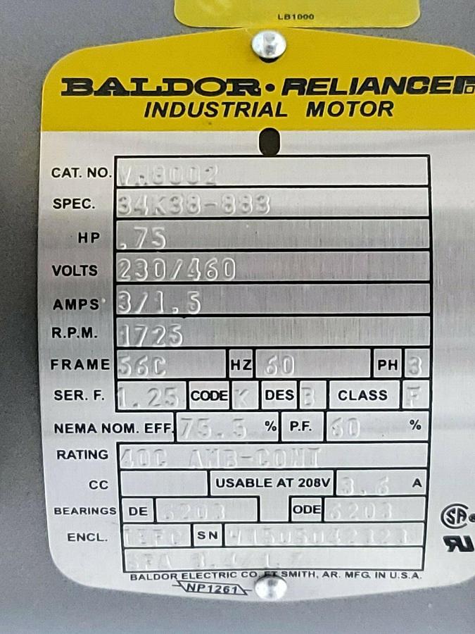 Used NEW BALDOR VM8002 MOTOR .75HP 1725RPM 3PH 60HZ 56C SPEC: 34K38-883