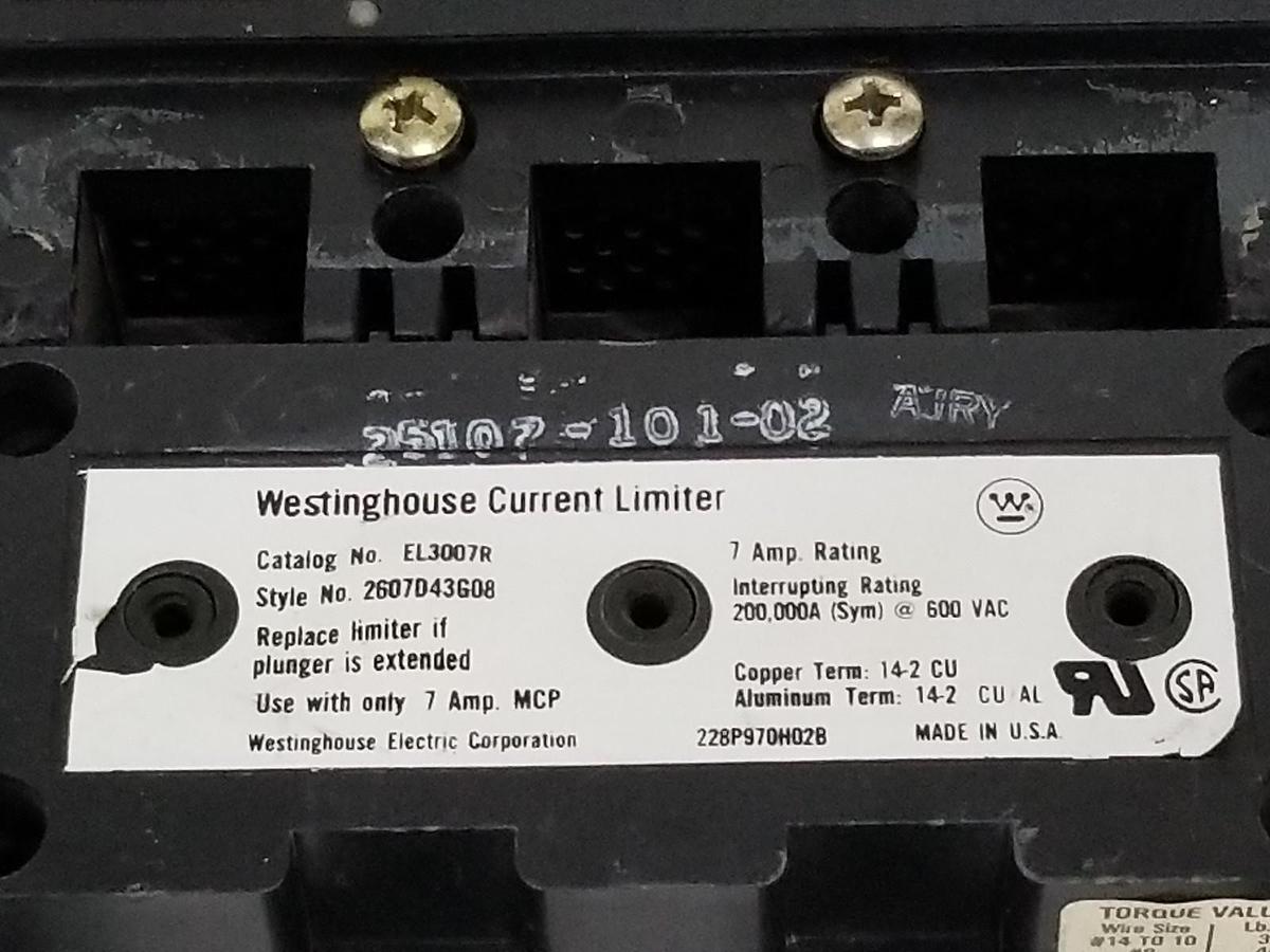 Used WESTINGHOUSE 2607D80G03 CIRCUIT BREAKER MCP0358CR , 7AMP 3POLE 600VAC, EL3007R
