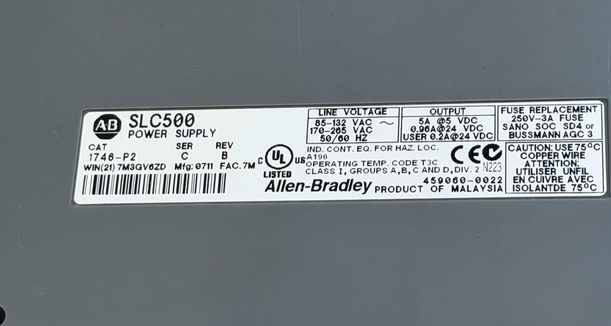 Used ALLEN BRADLEY 1746-P2 /C SLC 500 POWER SUPPLY W/ 1746-A7 /B SLOT RACK 7-SLOT