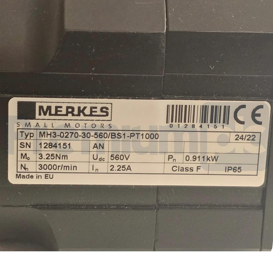 Used Merkes MH3-0270-30-560/BS1-PT1000 AC Servo Motor 560V 0.911kW w/Brake 24VDC NSNP